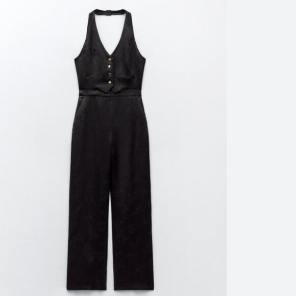 NWT  Zara Black Viscose Jacquard Halter Vest Jumpsuit  V-neckline Bloggers Fave - Picture 6 of 12